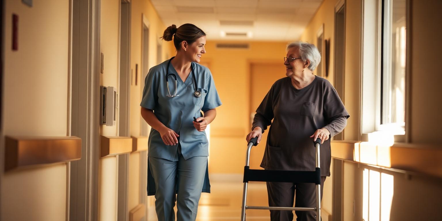 A nurse in blue scrubs walking down a sunlit nursing home corridor next to an older woman using a walker