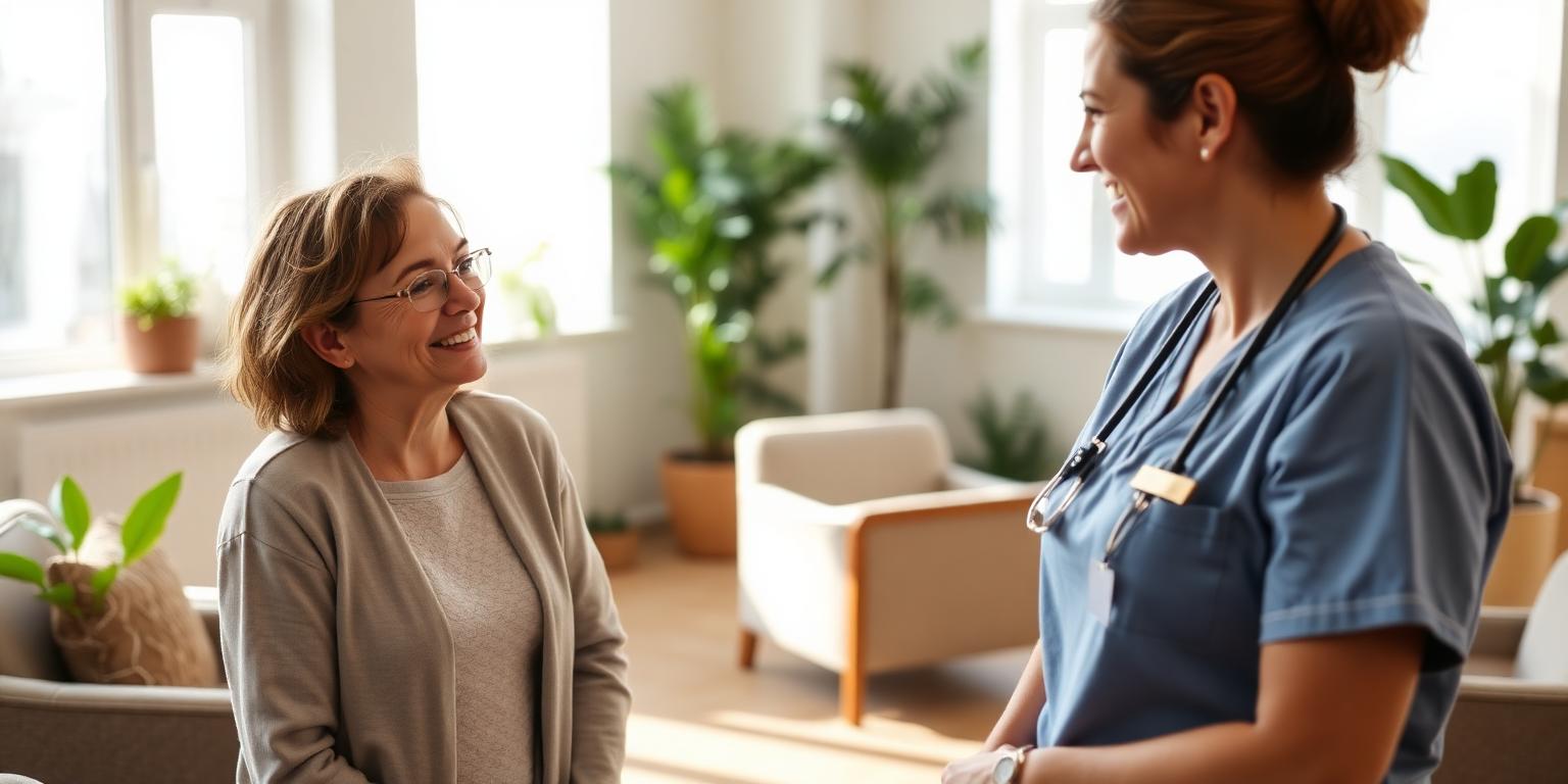 An adult daughter on a tour of a bright modern nursing home, speaking with a smiling nurse in a sunlit common area
